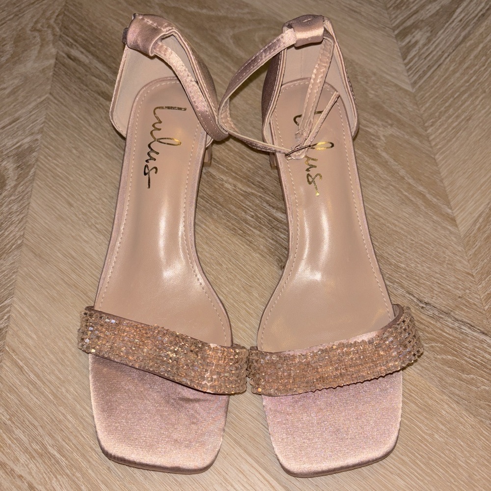 NWOT Lulus Kainda Champagne Satin Beaded Ankle Strap Heels - Picture 6 of 7